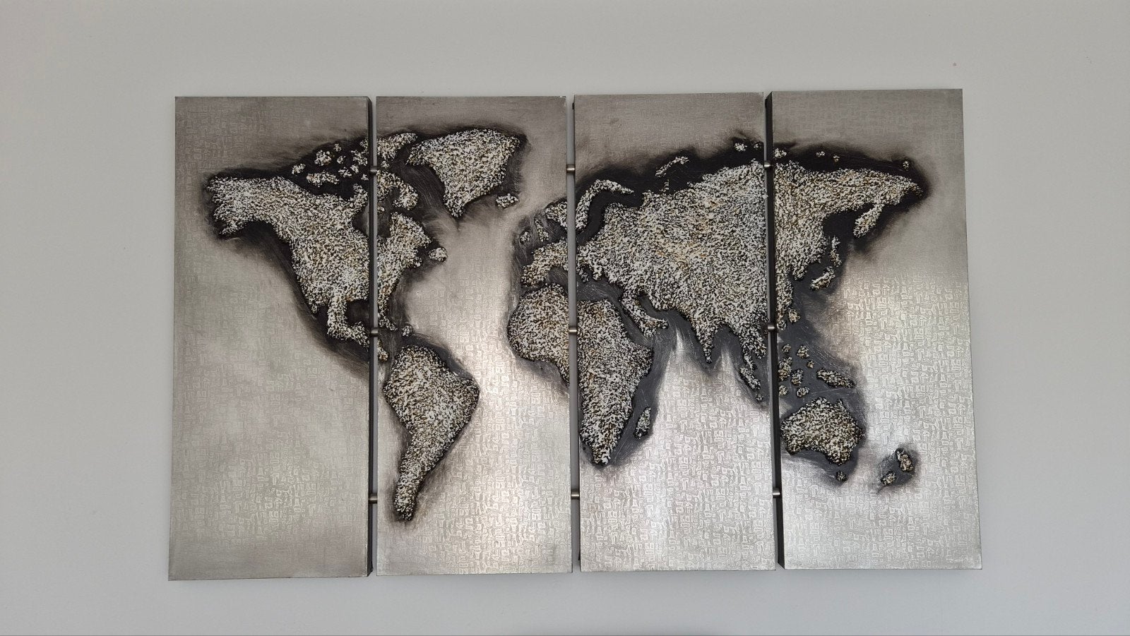 Wereldkaart wanddecoratie - 4 panelen, Ophalen, Wandsculptuur, Zilver, Hout