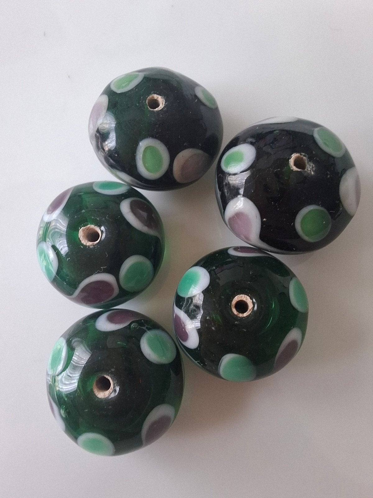 5 stuks grote lampwork glaskralen groen wit paars kralen, Kraal, -, -, Nieuw