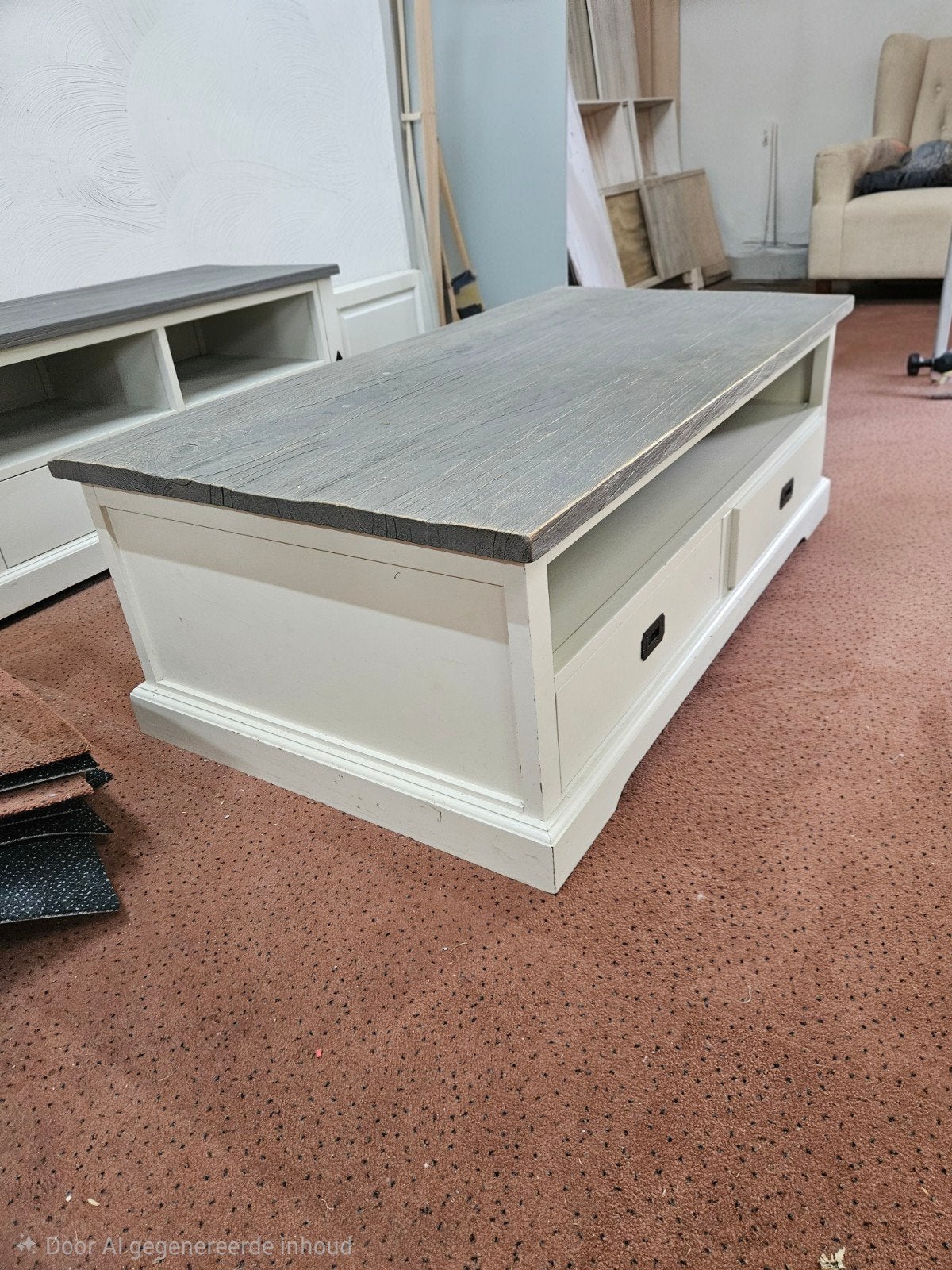 Salontafel met lades en open vak - Wit met grijs blad, Huis en Inrichting, Tafels | Salontafels, Ophalen, Gebruikt, 100 tot 150 cm