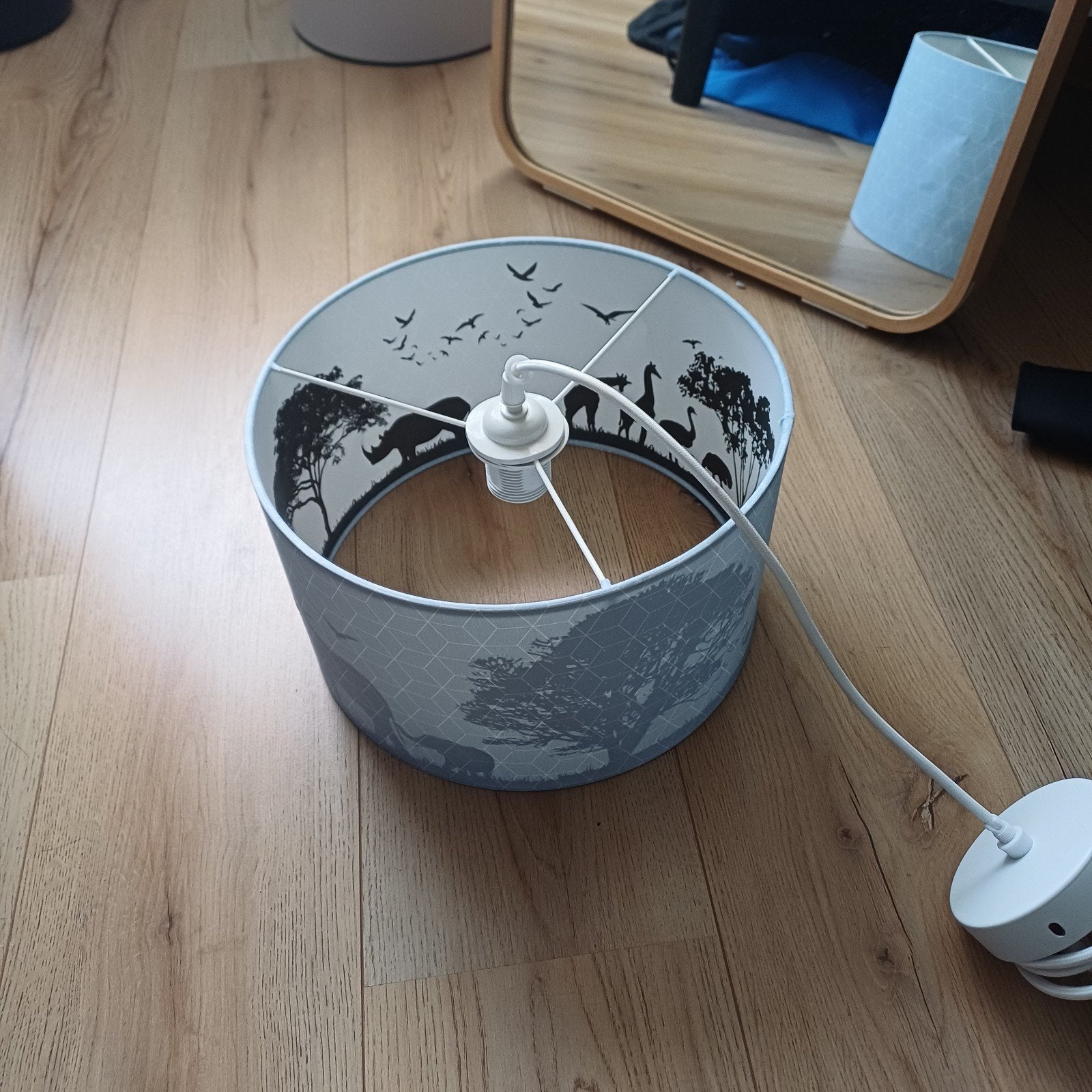 Hanglamp met safari dieren print - Kinderkamer, Rond, Zo goed als nieuw, Textiel, Grijs