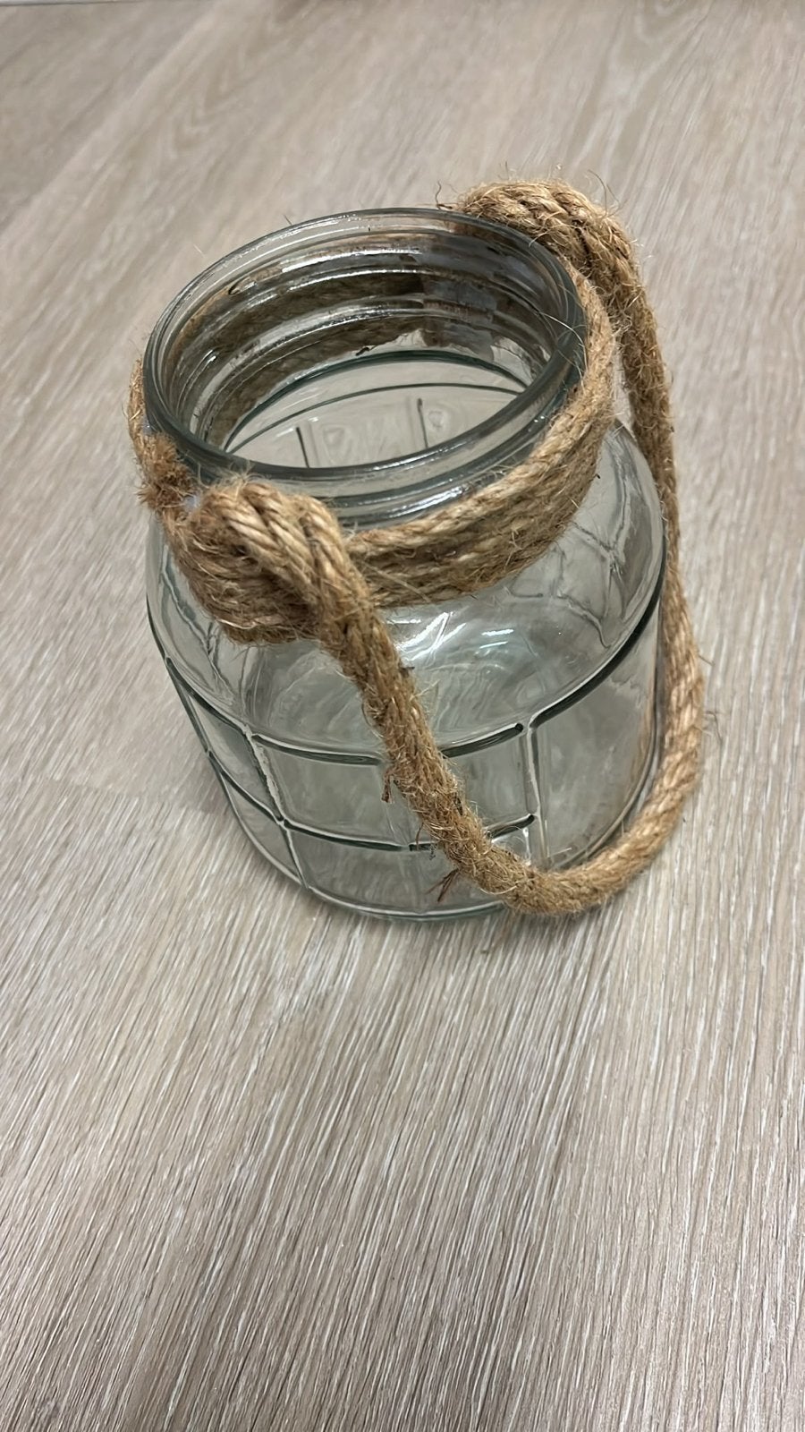 Glazen windlicht met touw - decoratief en veelzijdig, Ophalen of Verzenden, Zo goed als nieuw, Glas, Landelijk