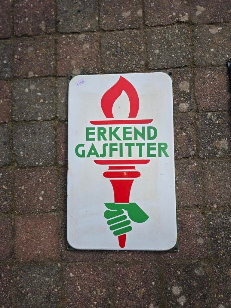 Erkend gasfitter emaille, Verzamelen, Ophalen of Verzenden, Gebruikt, Reclamebord
