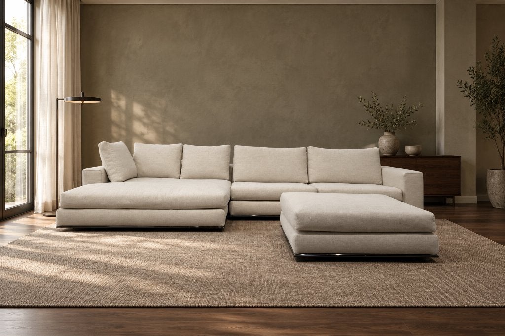 NIEUW Minotti Hamilton Hoekbank + Hocker Ecru + GARANTIE, Minotti, Hoekbank, Www.designplaats.nl, Vierpersoons of meer