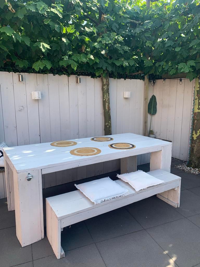Stevige witte picknicktafel van steigerhout., Ophalen of Verzenden, Gebruikt, Rechthoekig, Hout