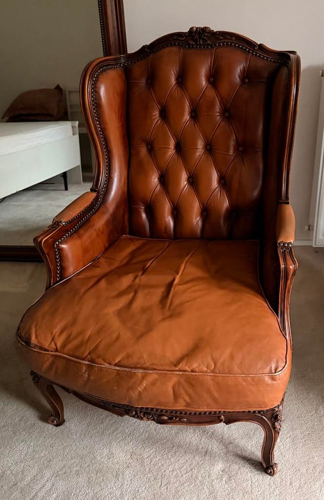 antiek barok Chesterfield oorfauteuil lerenbekleding gecapit, Ophalen of Verzenden, Gebruikt, Leer, 75 tot 100 cm