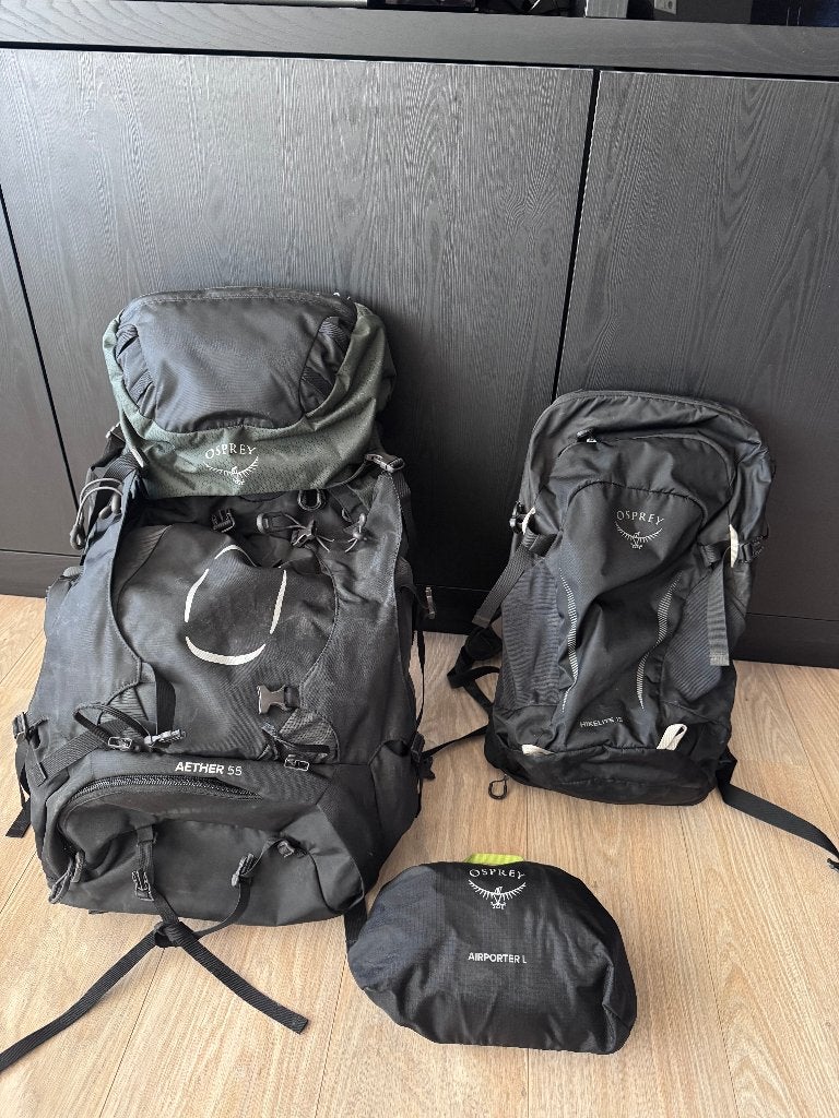Osprey backpack + Daypack incl. travelbag, Gebruikt, Trekking, Minder dan 25 cm, 60 cm of meer