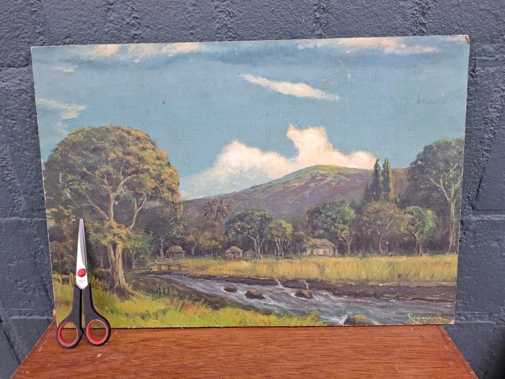 Oud landschapsschilderij - Olieverf op doek - Gesigneerd, Antiek en Kunst, Ophalen