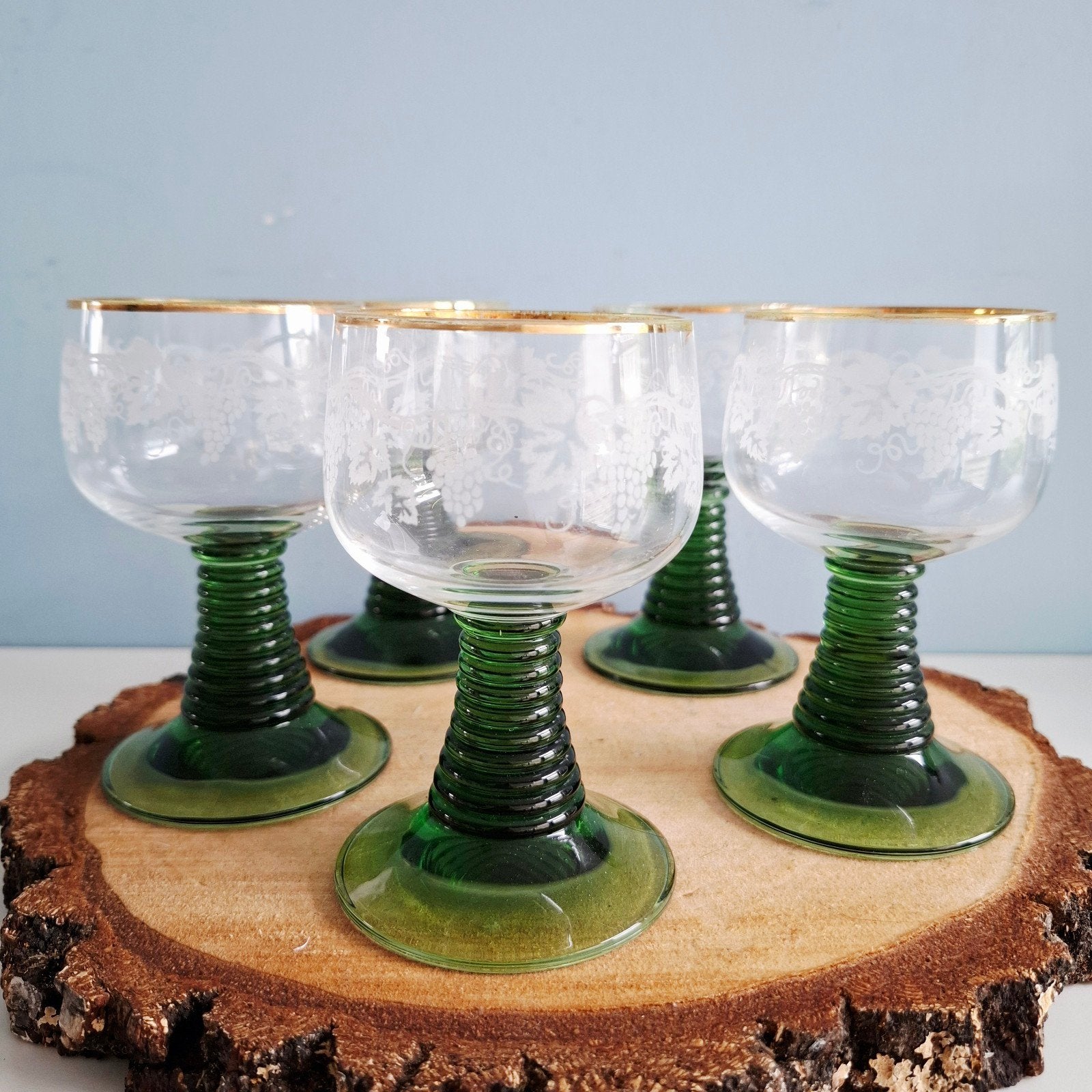 Luminarc, 5 kristallen roemers op groene voet, Ophalen of Verzenden
