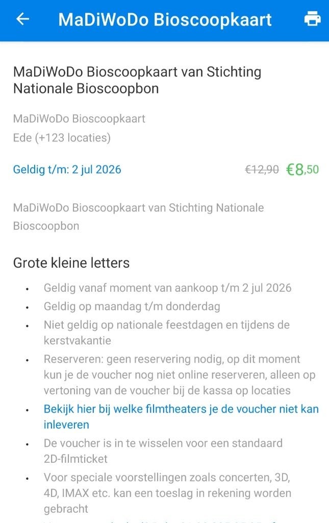 Bioscoopkaartje ma tm do geldig 2 juli 2026, Tickets en Kaartjes, Eén persoon