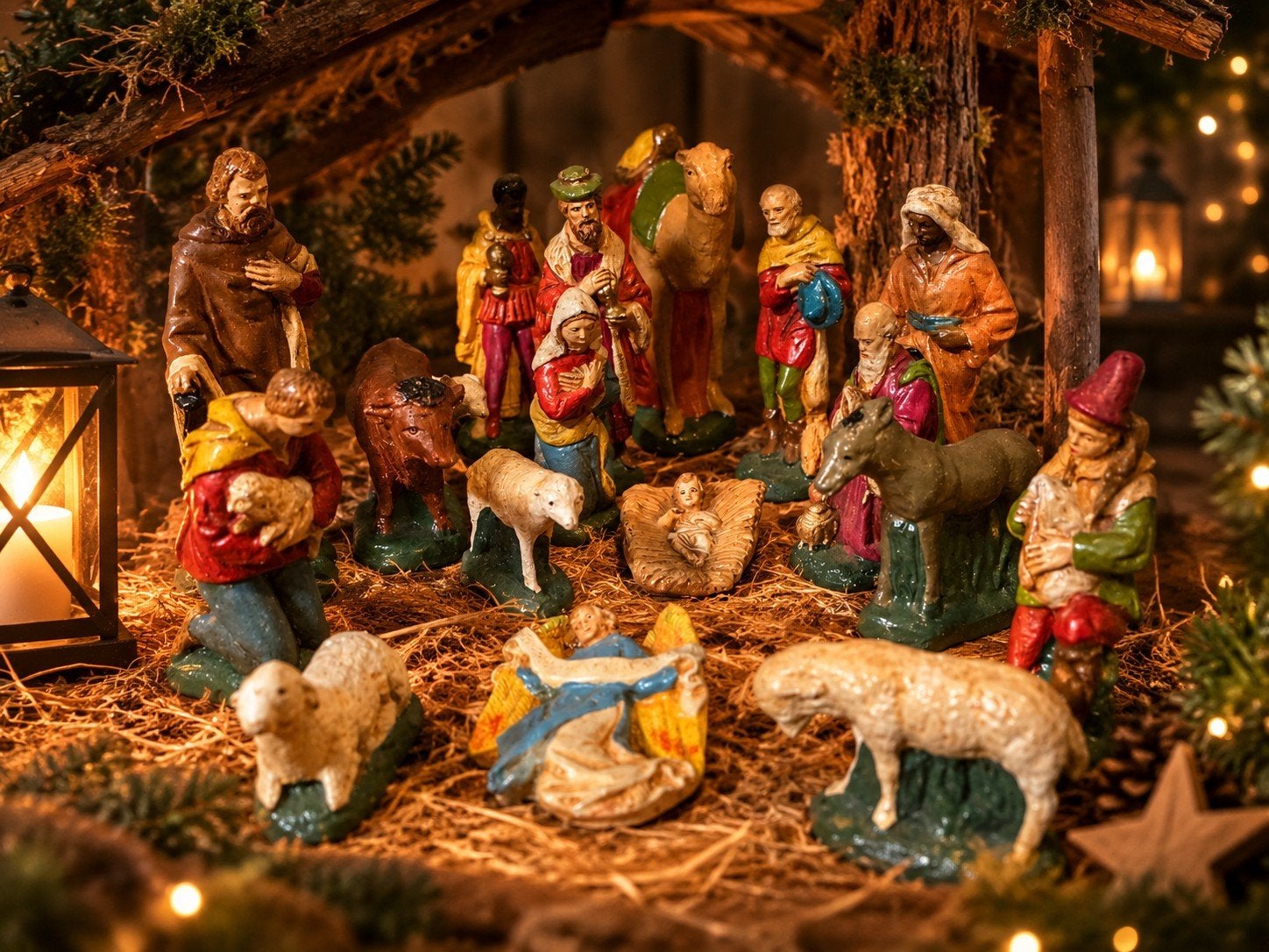 Grote kerststalbeelden, 20 stuks Mooie, kleurrijke kerststal, Diversen, Ophalen, Gebruikt