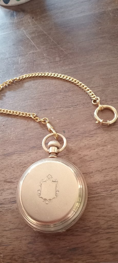 Antiek Verguld Zakhorloge met Ketting - American Watch Co., Overige merken, Overige materialen, Zakhorloge, Ophalen of Verzenden