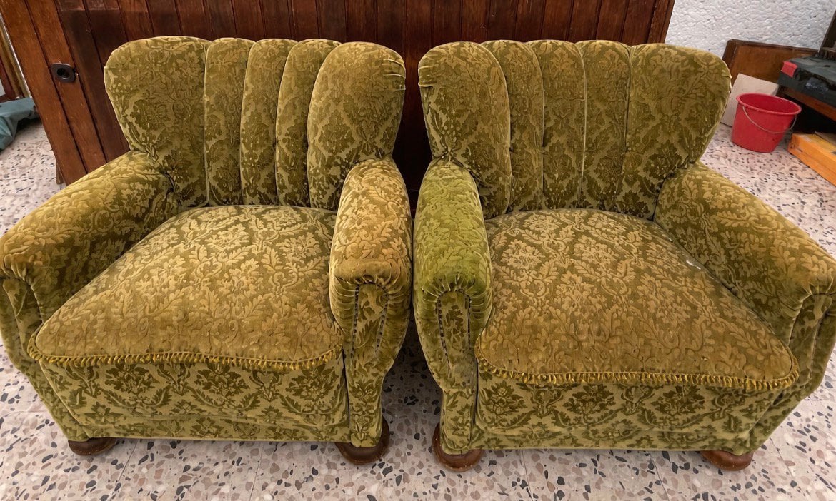Groene Vintage fauteuil retro velours barok velvet sixties, Ophalen
