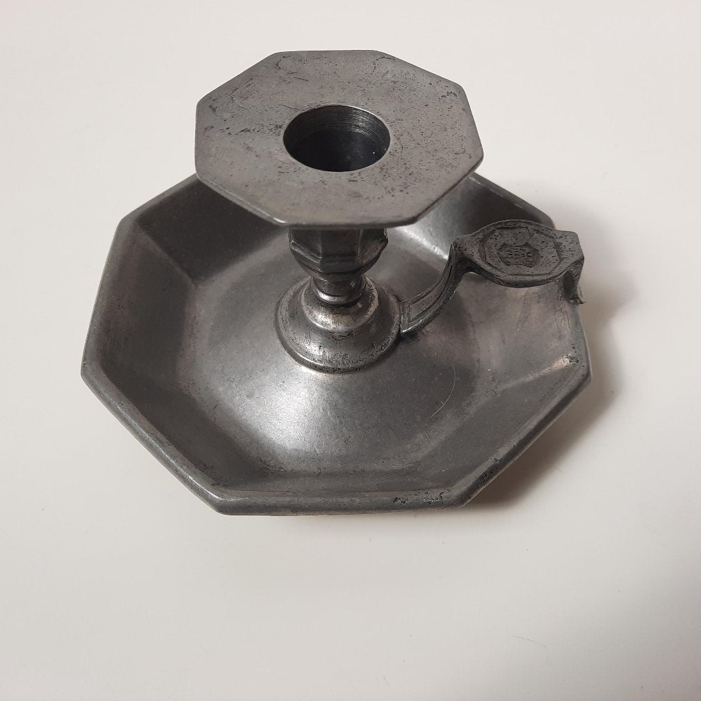 Octagonale tinnen kandelaar Achthoekig model, Gebruikt, Ophalen of Verzenden, Metaal, Grijs