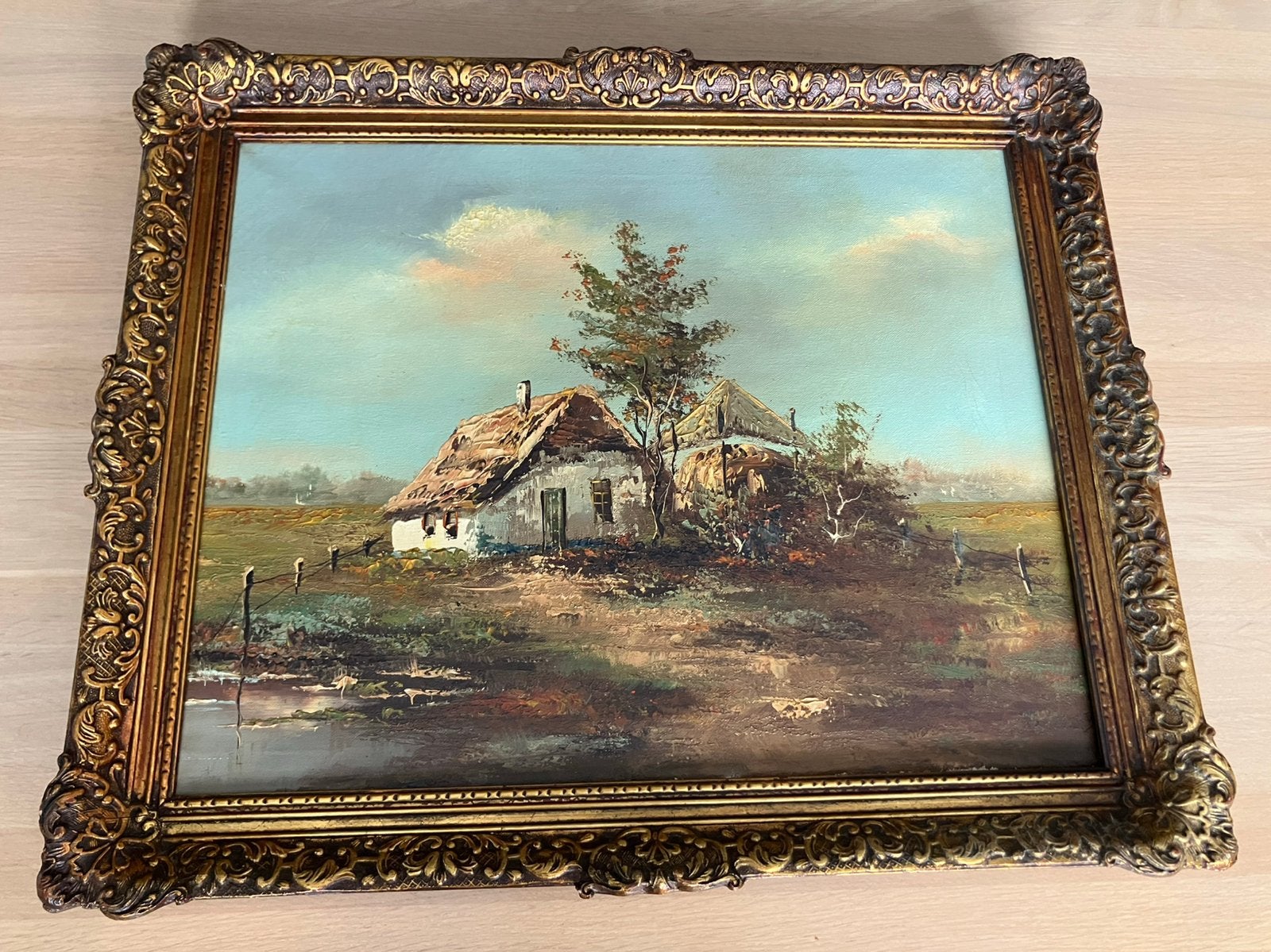 Schilderij olieverf op doek landschap met huis en hooimijt, Ophalen of Verzenden