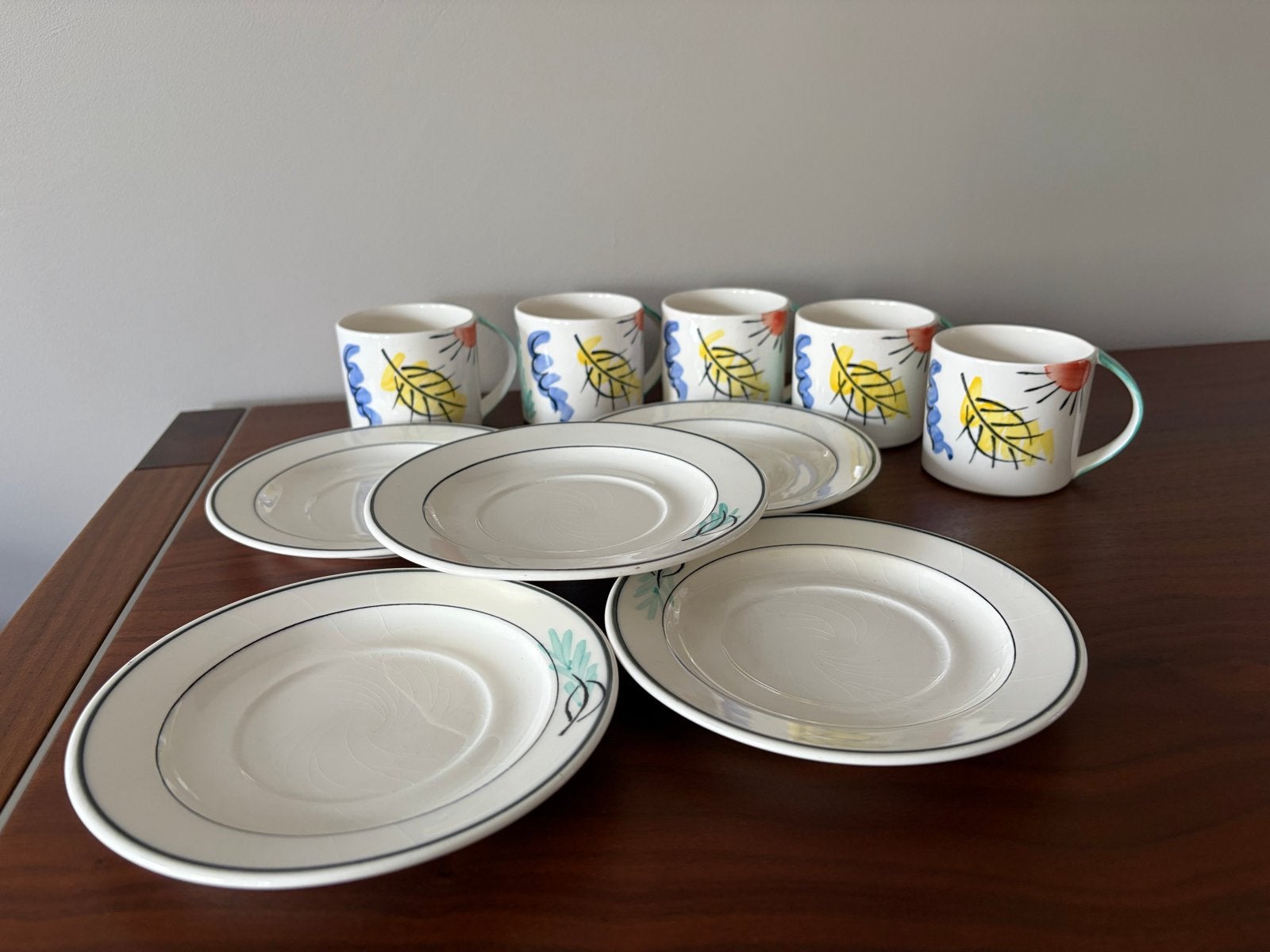5x Gien France Paint Main kop en schotel set, Huis en Inrichting, Overige merken, Keramiek, Vintage, Ophalen of Verzenden