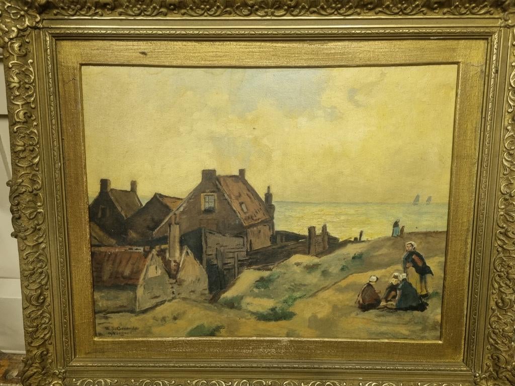 Kustlandschap met huisjes en figuren, W.J. Gerards, Antiek en Kunst, Kunst | Schilderijen | Klassiek, Ophalen of Verzenden