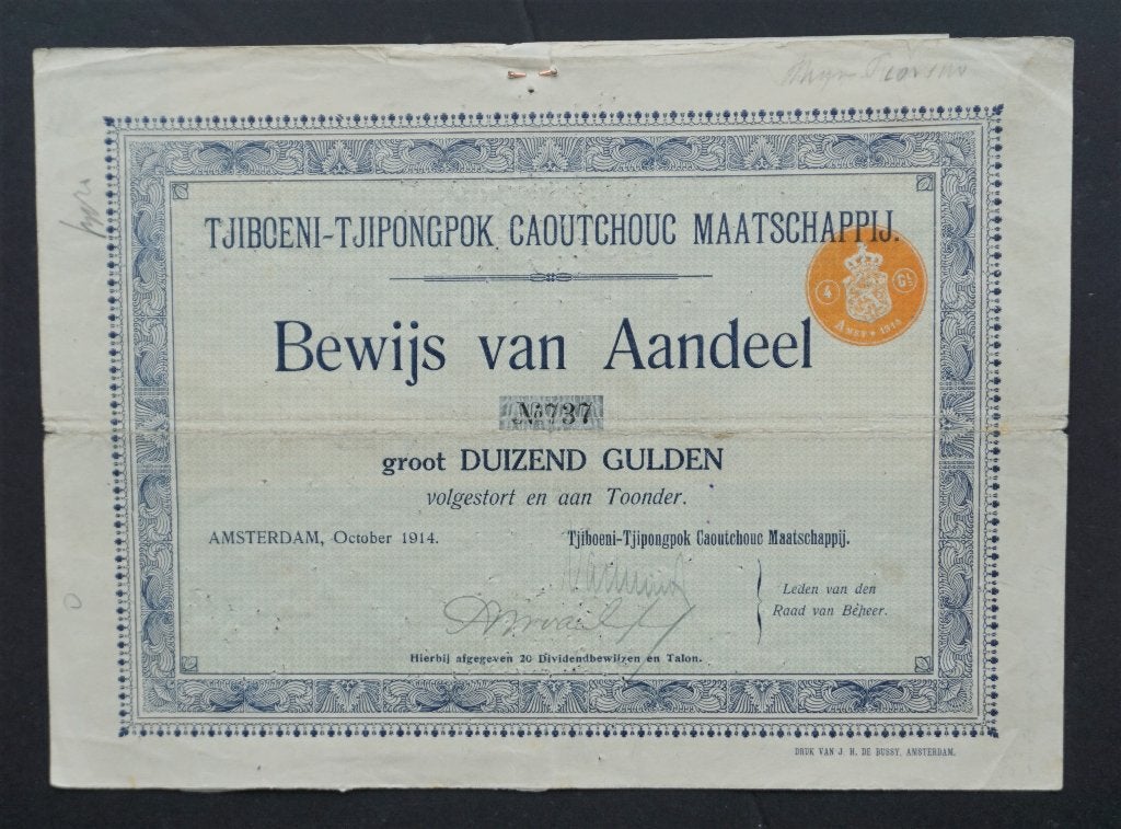 Tjiboeni Tjipongpok Caoutchouc (Rubber) Maatschappij 1914, Verzenden, Voor 1920, Aandeel