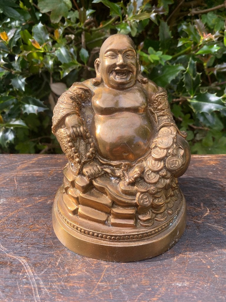 Bronzen Happy Boeddha beeld met munten 13 cm cadeau, Ophalen of Verzenden, Zo goed als nieuw, Nvt, Nvt