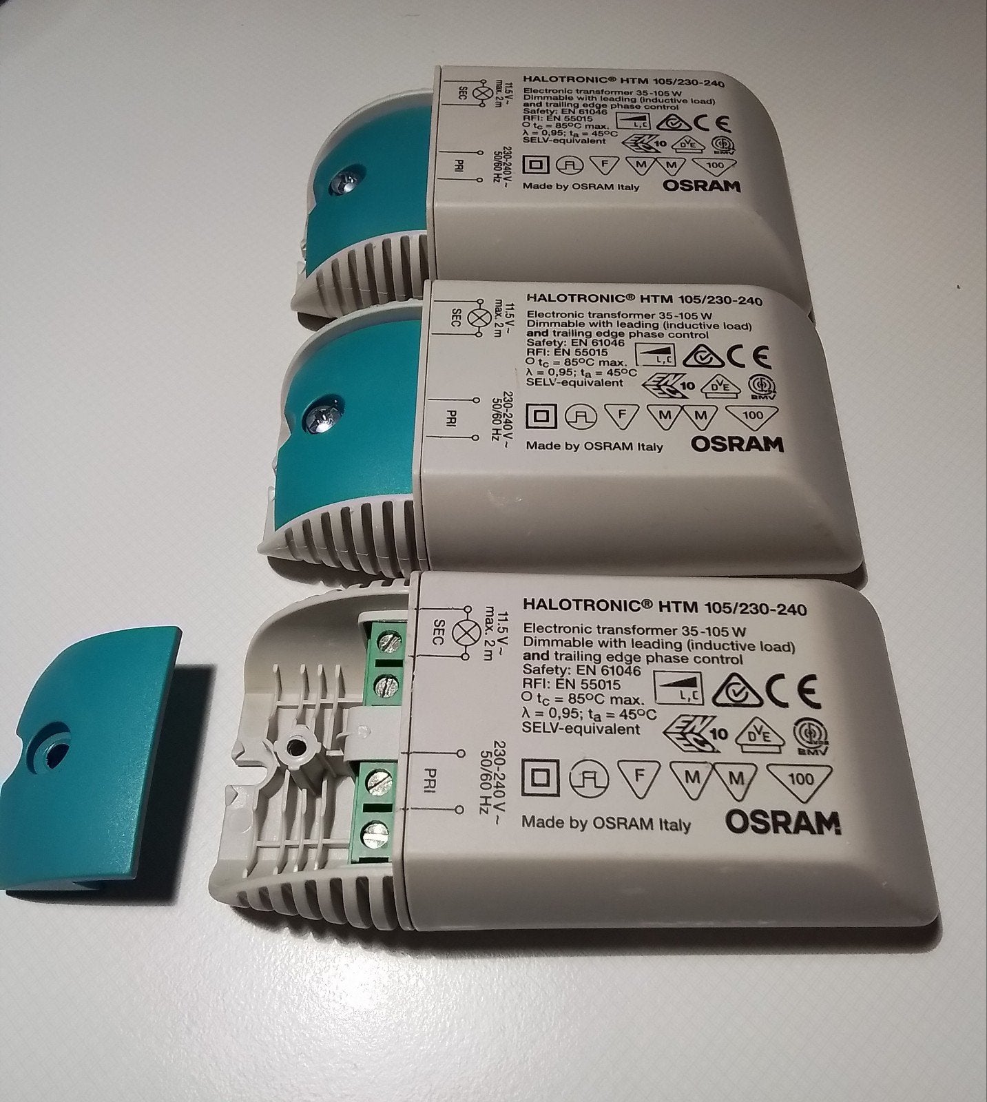 3 Osram Halotronic HTM-105 trafo's, Huis en Inrichting, Lampen | Spots, Ophalen, Halogeen, Kunststof, Zo goed als nieuw
