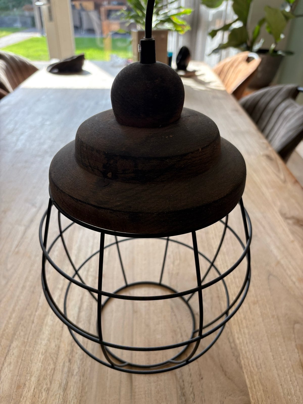 Hanglamp met houten top en metalen kooi, E27 fitting, Ophalen, Gebruikt, Hout, E27 (groot)