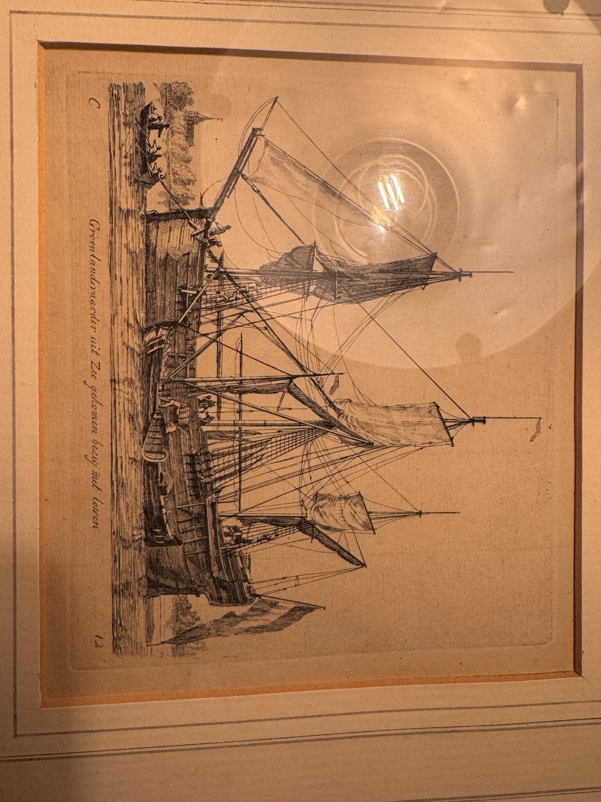 2 tekeningen van driemaster schepen in mooie houten lijsten, Antiek en Kunst, Ophalen, Ingelijst, Ets, Landschap