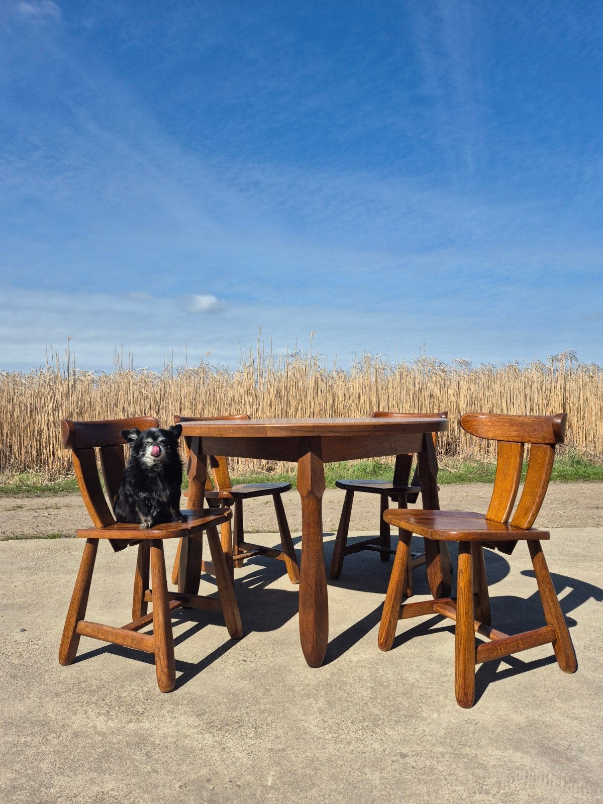 Set vintage Depuydt eettafel met 4 stoelen eiken brutalist, Ophalen, Zo goed als nieuw, Brutalist vintage, 4 tot 6 stoelen