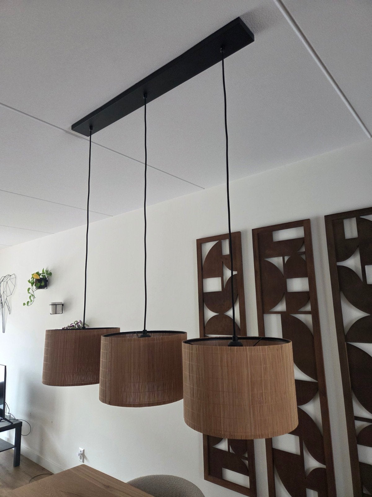 Mooie rieten hanglamp met 3 kappen, Ophalen, Zo goed als nieuw, Natuurlijk materiaal