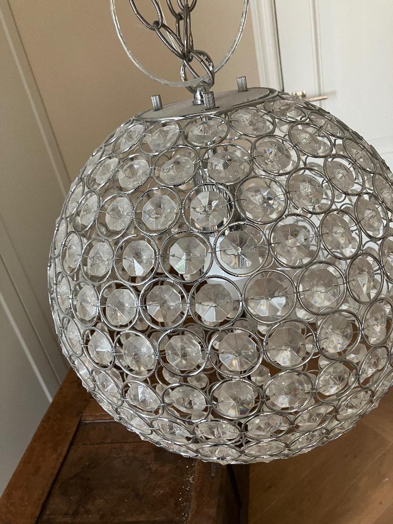 Lamp bol met kristallen, Huis en Inrichting, Lampen | Hanglampen, Ophalen, Zo goed als nieuw, Glas, Minder dan 50 cm