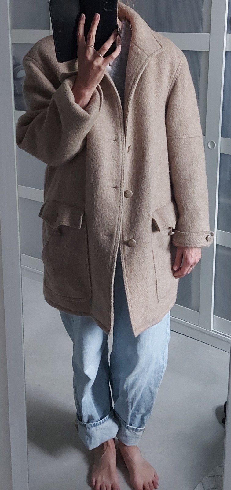 Vintage wollen jas oversized model beige geruite voering, Kleding | Dames, Verzenden, Beige, Maat 46/48 (XL) of groter, Onbekend