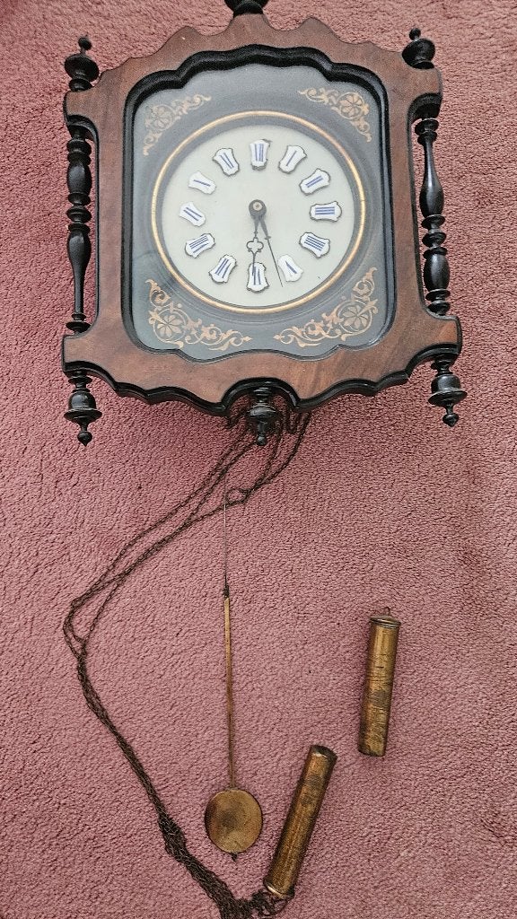 Antieke biedermeier Wandklok met Gewichten - Hout en Metaal, Ophalen of Verzenden
