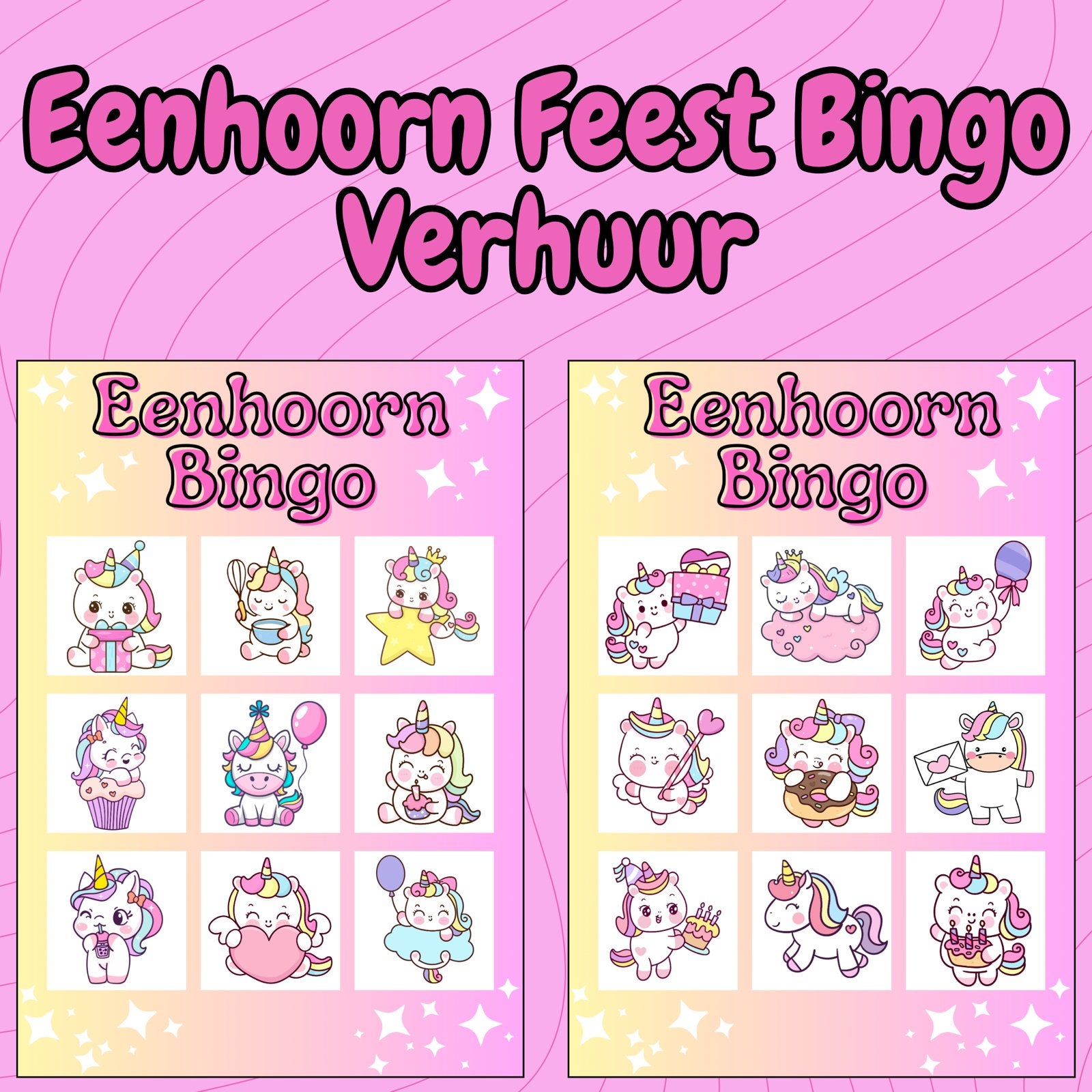 Eenhoorn Bingo Verhuur - Activiteit voor kinderfeestje, Hobby en Vrije tijd, Feestartikelen | Verhuur, Ophalen, Nieuw, Verjaardag