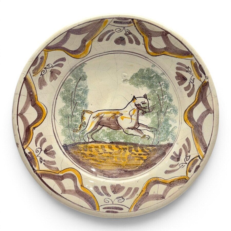 Majolica wandschotel: springende leeuw, 17e/18e eeuws, Antiek en Kunst, Ophalen of Verzenden