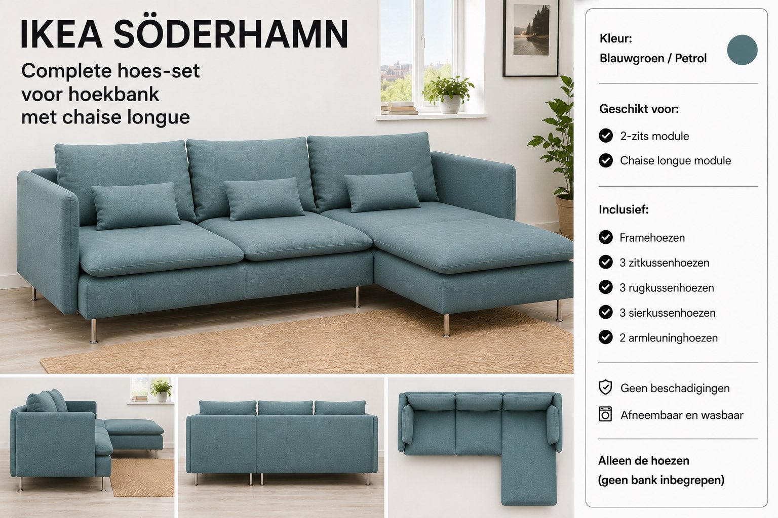 IKEA SÖDERHAMN hoes-set hoekbank met chaise longue, 250 tot 300 cm, 125 tot 150 cm, Hoekbank, Ophalen of Verzenden