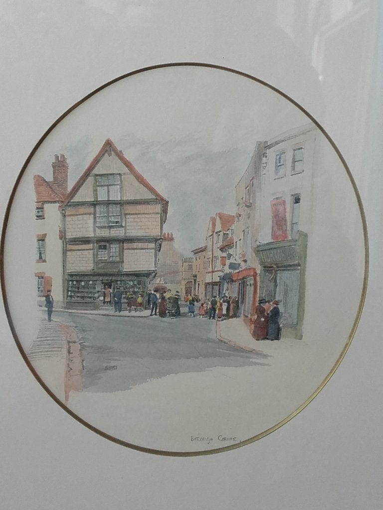 Mooie oude ingelijste prent uit Engeland van Borough corner., Ophalen of Verzenden