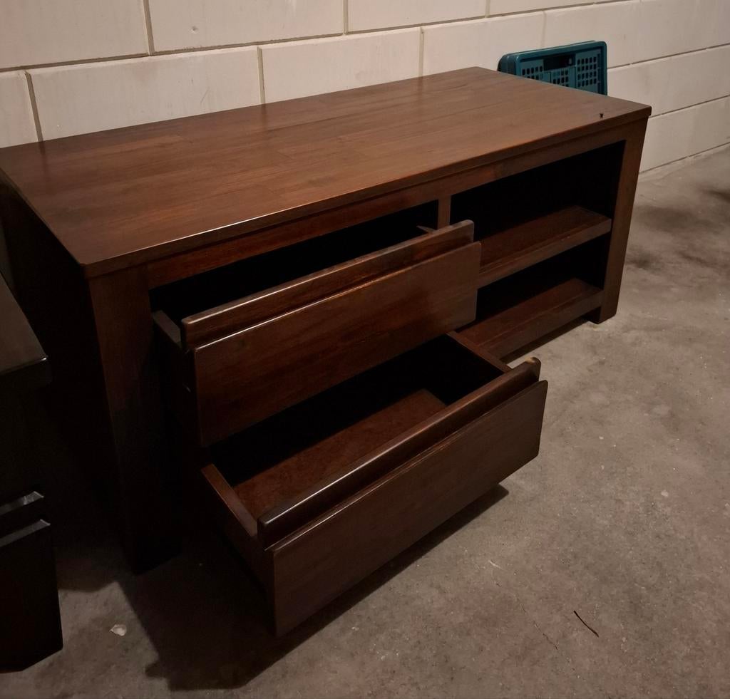 Donkerbruin houten tv-meubel met lades en salontafel, Huis en Inrichting, Tafels | Salontafels, Ophalen, Gebruikt, 100 tot 150 cm
