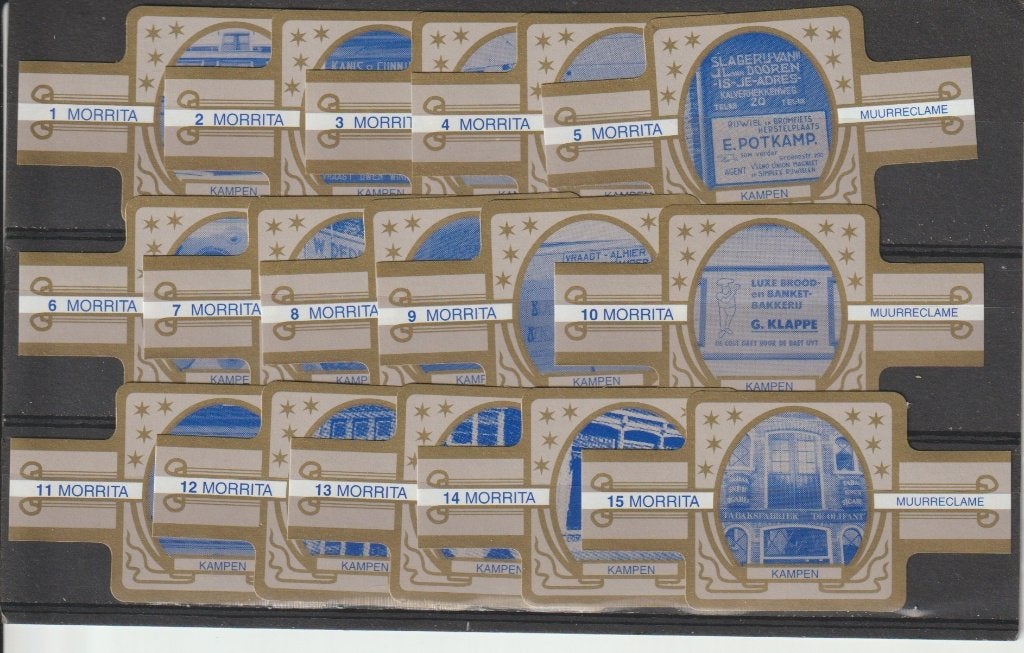 reeks 1928  muurreclame  1-15   sigarenbanden, Verzamelen, Ophalen of Verzenden, Zo goed als nieuw, Sigarenbandjes