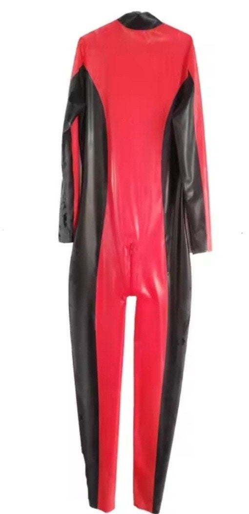 Rood zwarte latex pak met rits, tm 2XL, Verzenden, Nieuw, Pak of Jurk