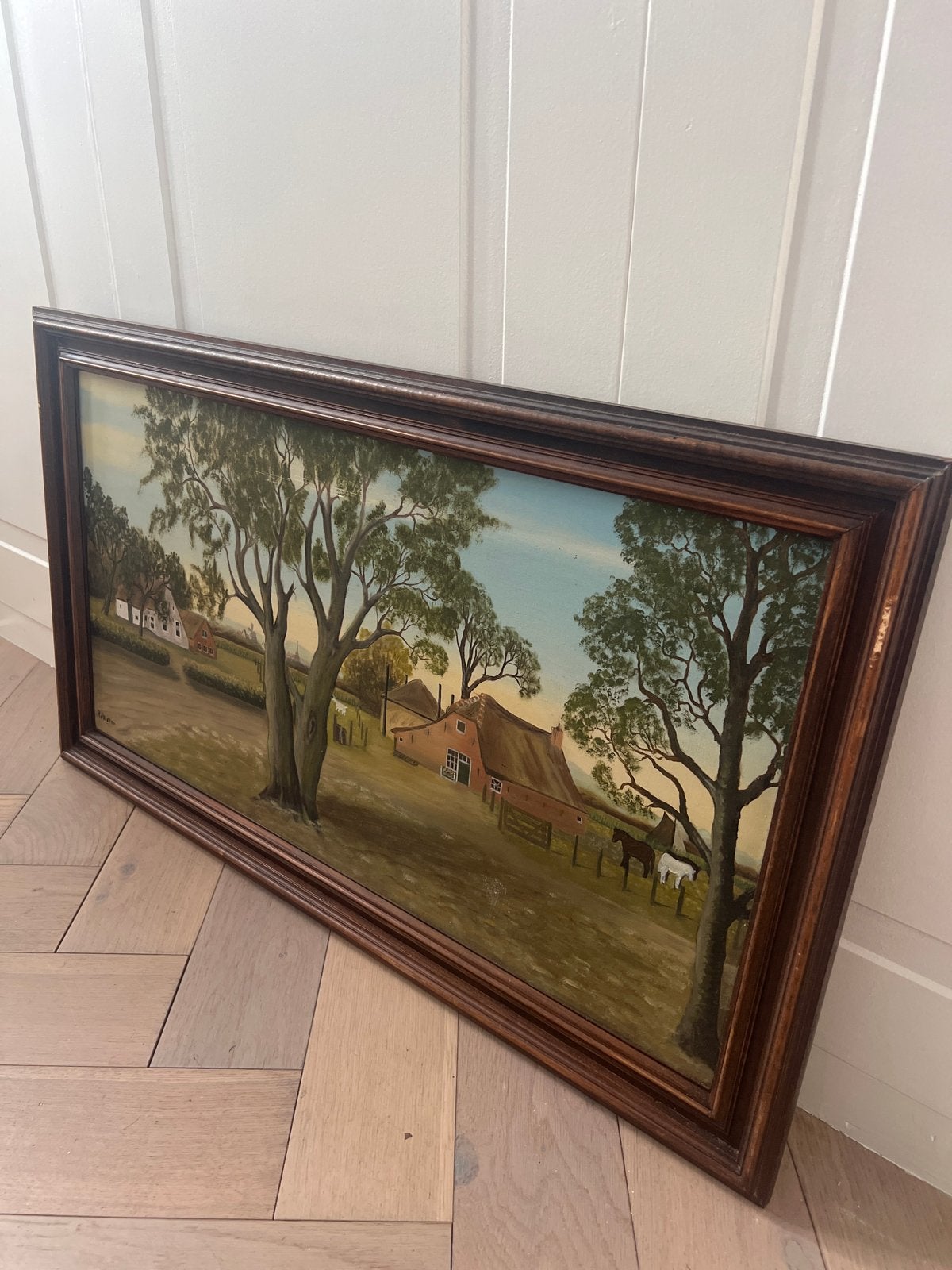 Schilderij: Landelijk tafereel met boerderij en paarden, Antiek en Kunst, Doek, Realistisch, Ophalen of Verzenden, Landschap