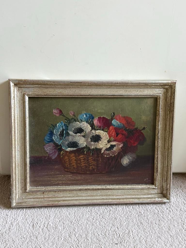 Vintage stilleven bloemenmandje, olieverf op paneel, Antiek en Kunst, Kunst | Schilderijen | Klassiek, Ophalen