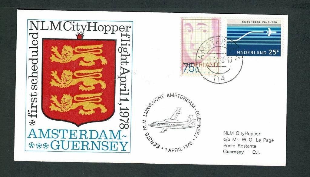 KLM 1e lijnvlucht Amsterdam-Guernsey NLM city hopper - 1978, Verzamelen, Verzenden, Gebruikt, Kaart, Foto of Prent