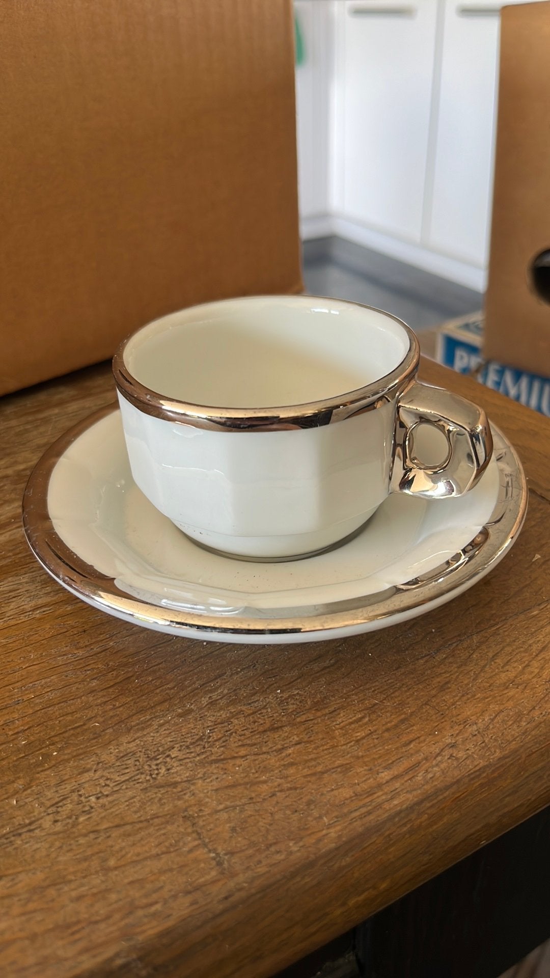 Pillivuyt wit en zilver cappuccino kop en schotel, Ophalen of Verzenden