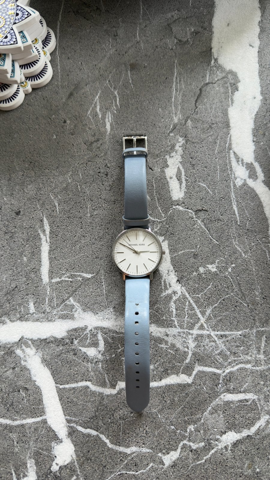 Michael Kors dameshorloge - Lichtblauw leer, Overige merken, Staal, Polshorloge, Ophalen of Verzenden
