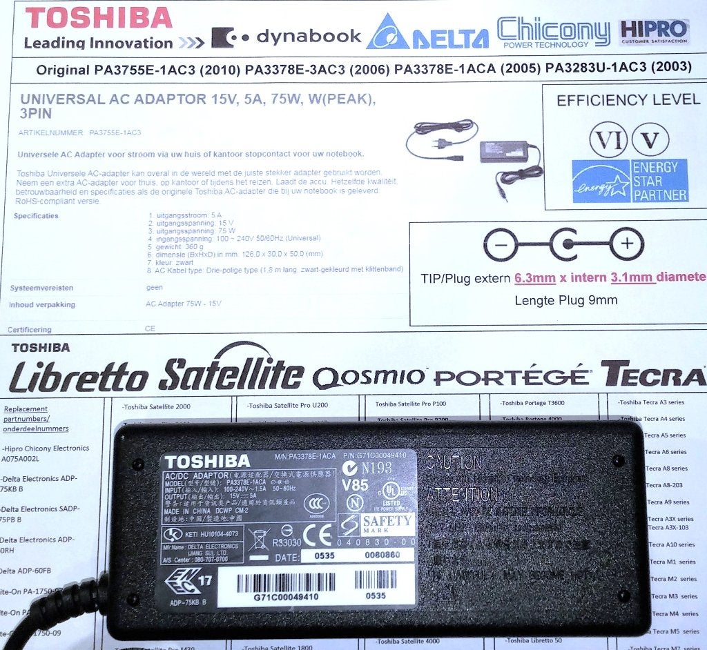 Toshiba PA3378E-1ACA 15V 5A 75W Adapter tip 6.3x3.0 oplader