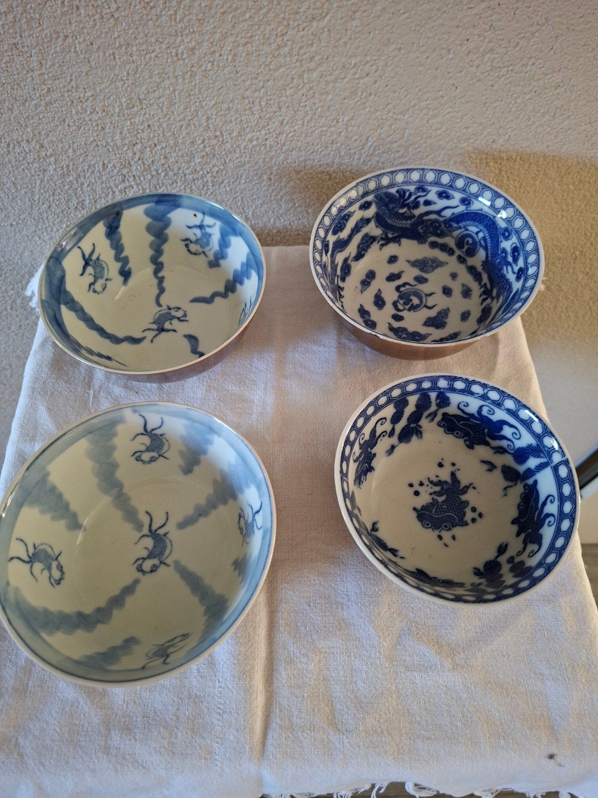Set van 4 Antieke Japanse Kommen Mizuno - Blauw-Wit & Bruin, Ophalen of Verzenden