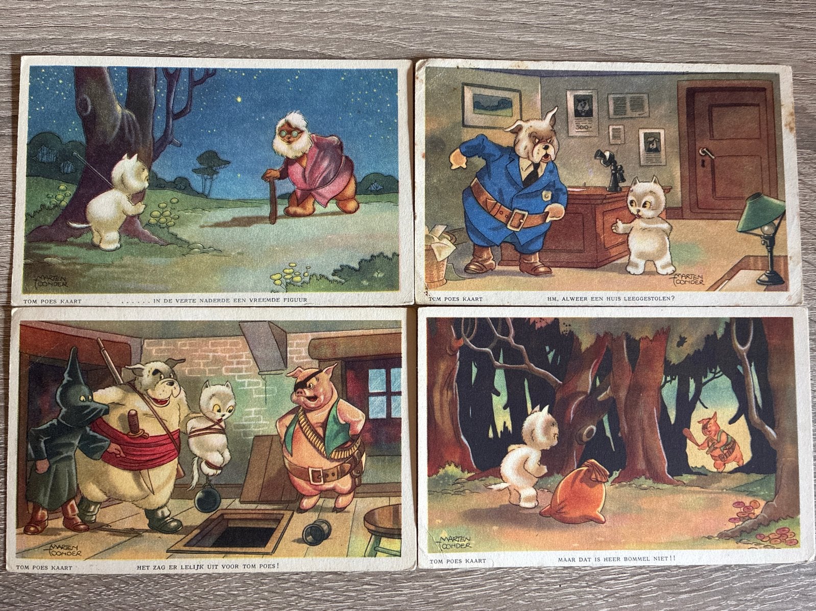 Set van 4 vintage Tom Poes kaarten - Marten Toonder, Verzamelen, Ophalen of Verzenden, 1940 tot 1960, Gelopen