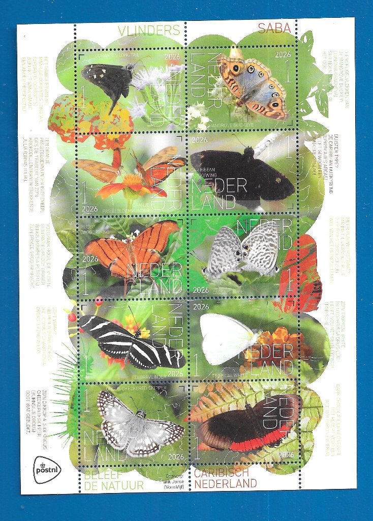 Beleef de natuur - Vlinders Saba (postzegelvel) - 2026, Verzenden, Na 1940, Postfris
