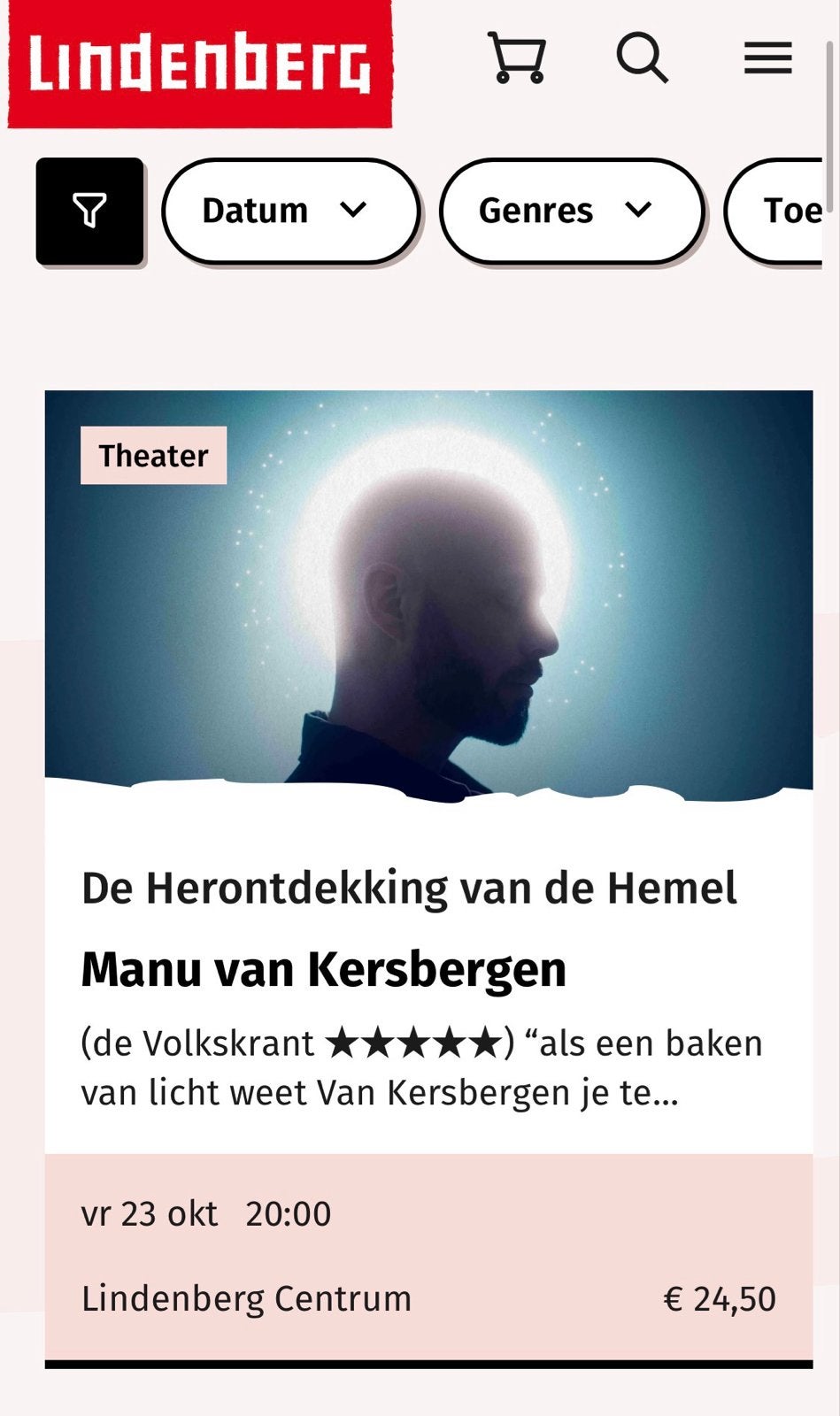Twee kaartjes voor Manu van Kesbergen theater vanavond!!, Twee personen, Oktober, Arrangement, Toneel
