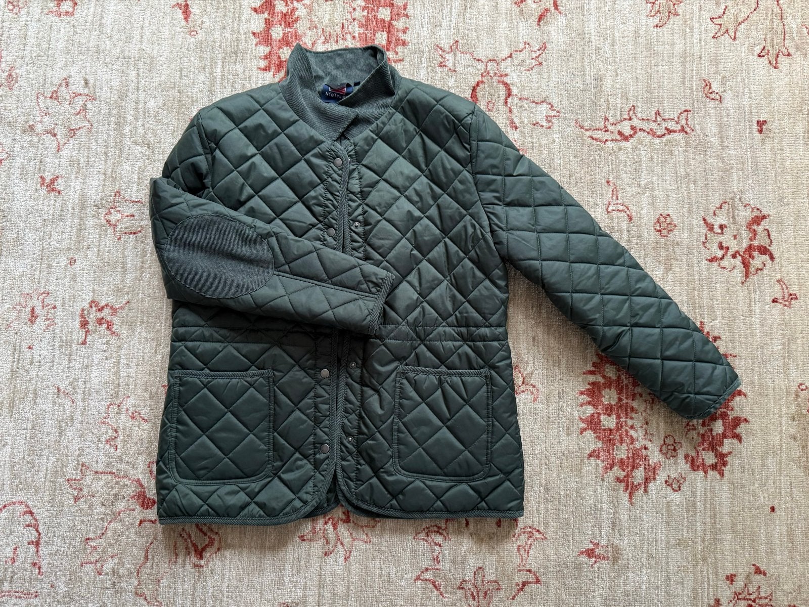 Khaki doorgestikte jas met ribfluwelen kraag en elleboogstuk, Ophalen of Verzenden, Nieuw, Maat 42/44 (L), Groen