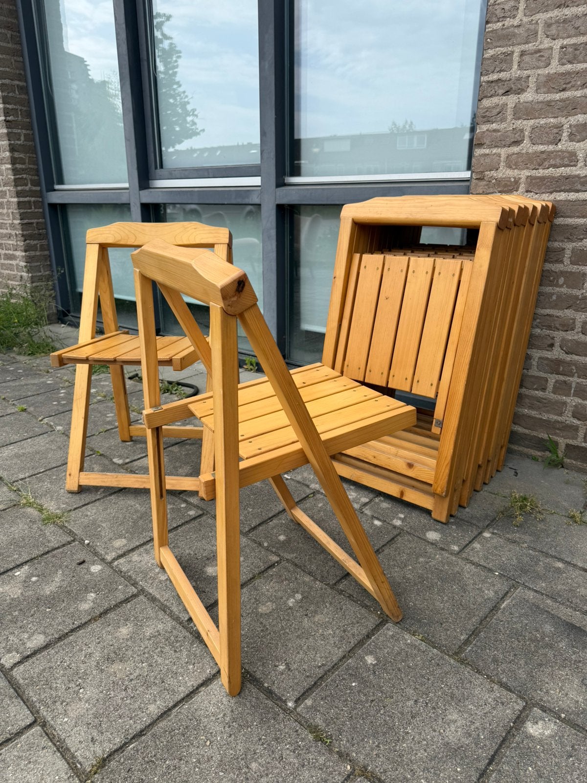 10x grenenhouten klapstoelen, Aldo Jacober stijl ‘60, Ophalen of Verzenden, Vijf, Zes of meer stoelen, Hout, Vintage retro buisframe design rotan webbing papercord deens