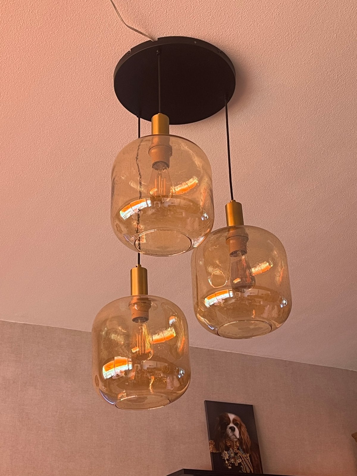 Plafondlamp amberkleurig glas - 3 lampen, Ophalen, Zo goed als nieuw, Glas, E27 (groot)